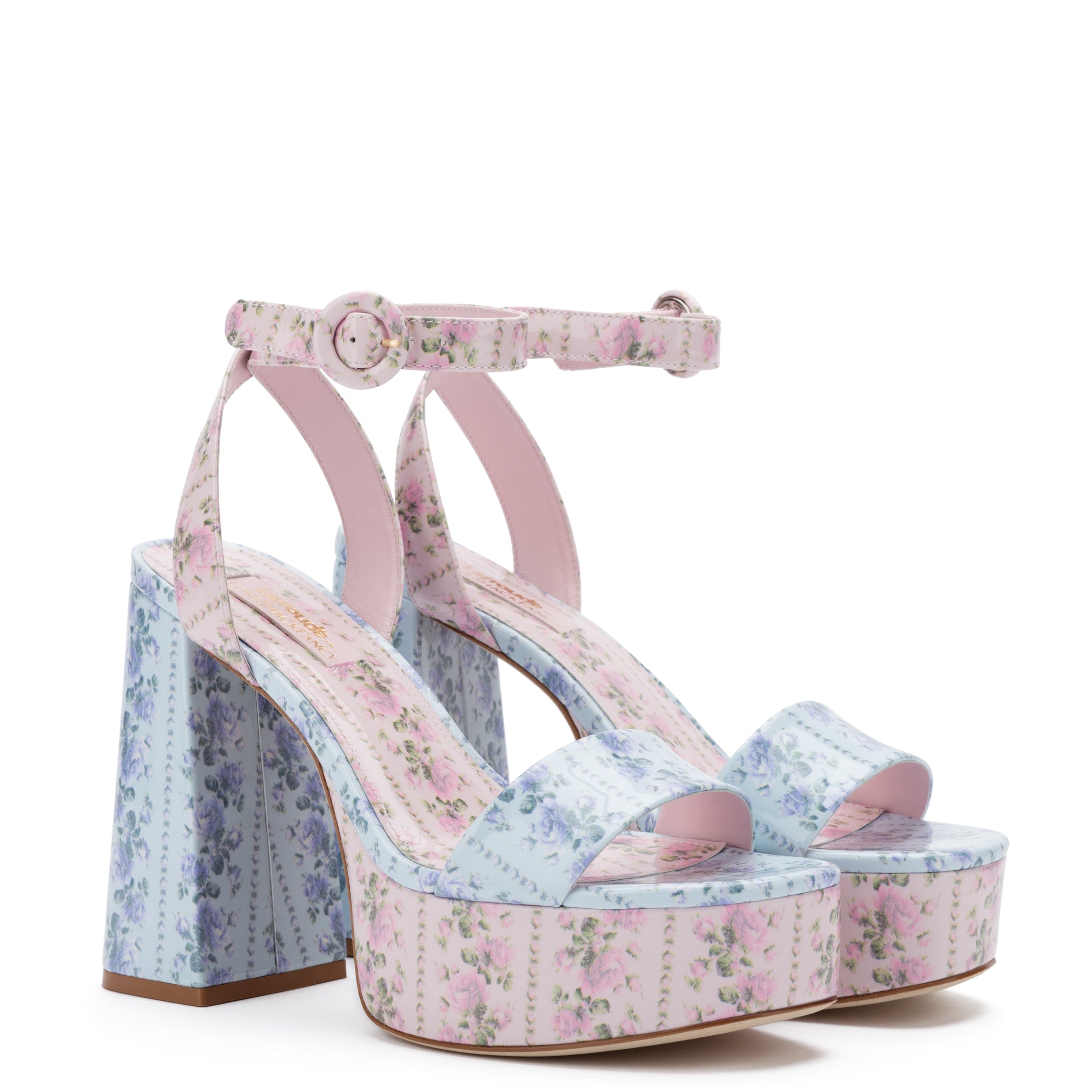 Larroudé for LoveShackFancy: Dolly Sandal In Rose Cerulian Blue and Blushing Pink Patent